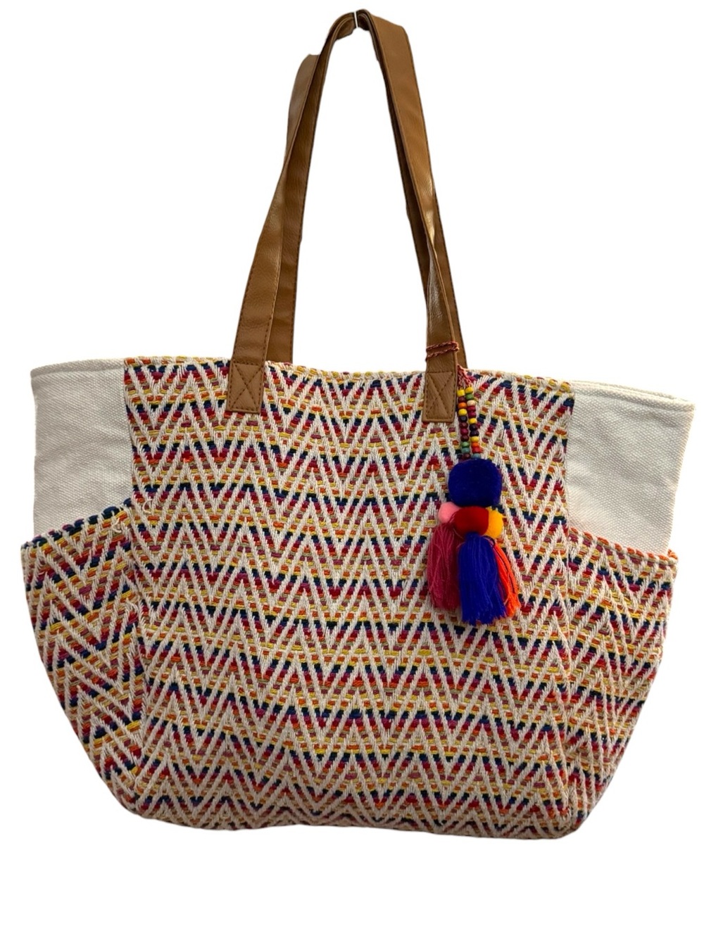 Boho Multicolor Woven Oversized Tote Bag Pom Pom Tassel Coastal Resort